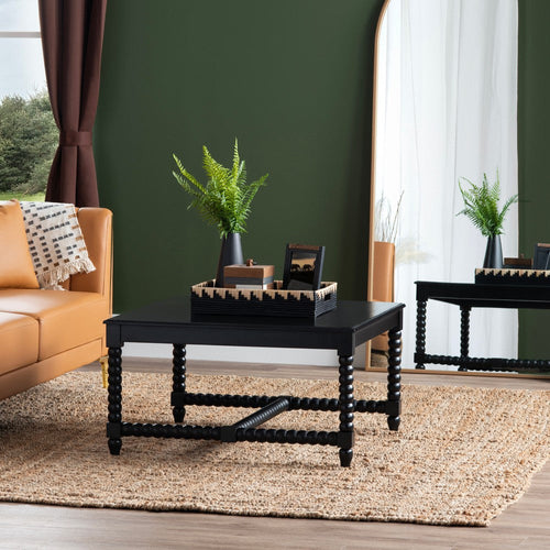 Jery Coffee Table | 34" Square Top | Turned Beaded Legs | Black Wood