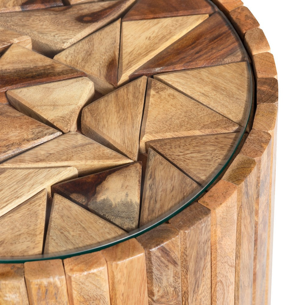 Kemy Side End Table | 15’’ Round Glass Top | Brown Solid Wood Slats CCL-CVFNR4229