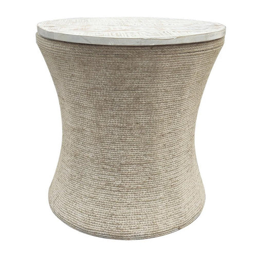 Tix Side End Table | 20" Round White Solid Wood Top | Beige Jute Rope