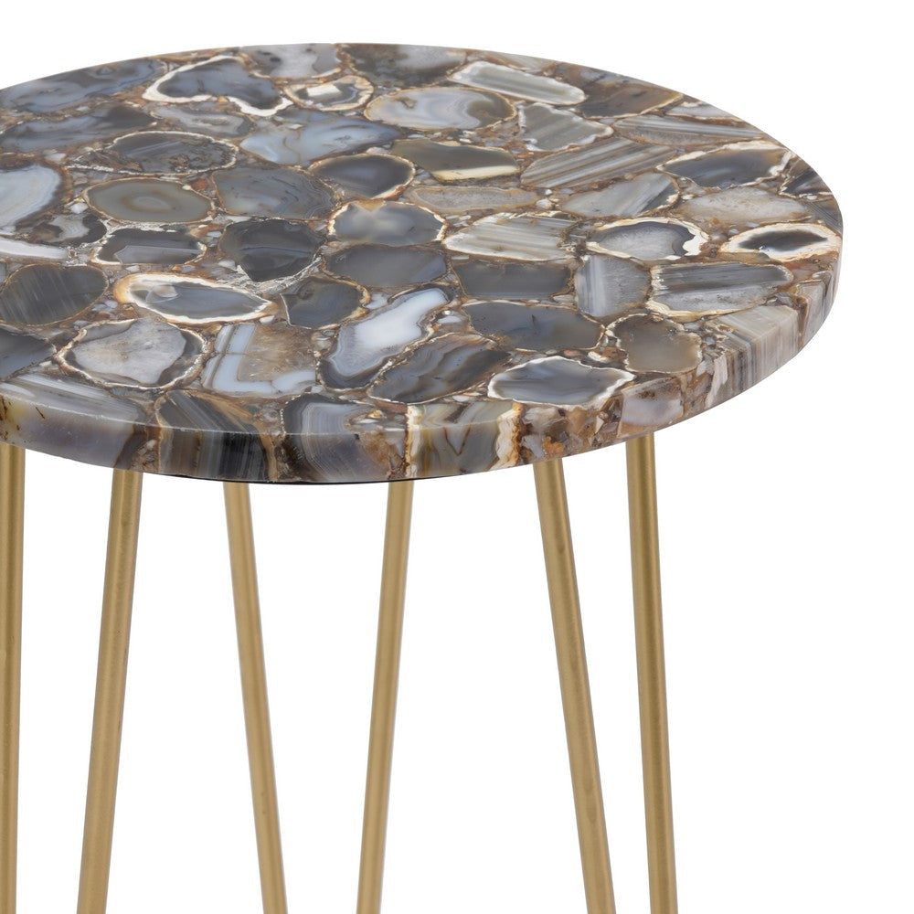Wesy Accent Table | 17’’ Round Agate Stone Top | Gold Iron Tri-Legs CCL-CVFNR500