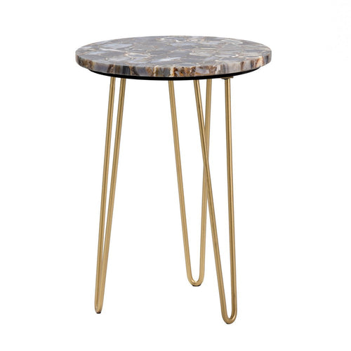 Wesy Accent Table | 17" Round Agate Stone Top | Gold Iron Tri-Legs
