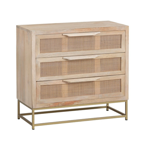 Casy Side Chest | 30" Nightstand | 3 Cane Front Drawers | Gold Metal Base