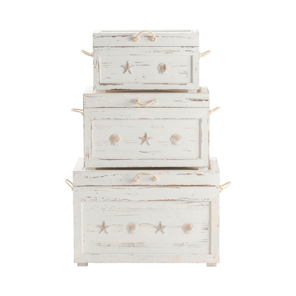 Crestview Sesy Set of 3 Trunk Chests | Coastal Coral, Rope | Whitewash