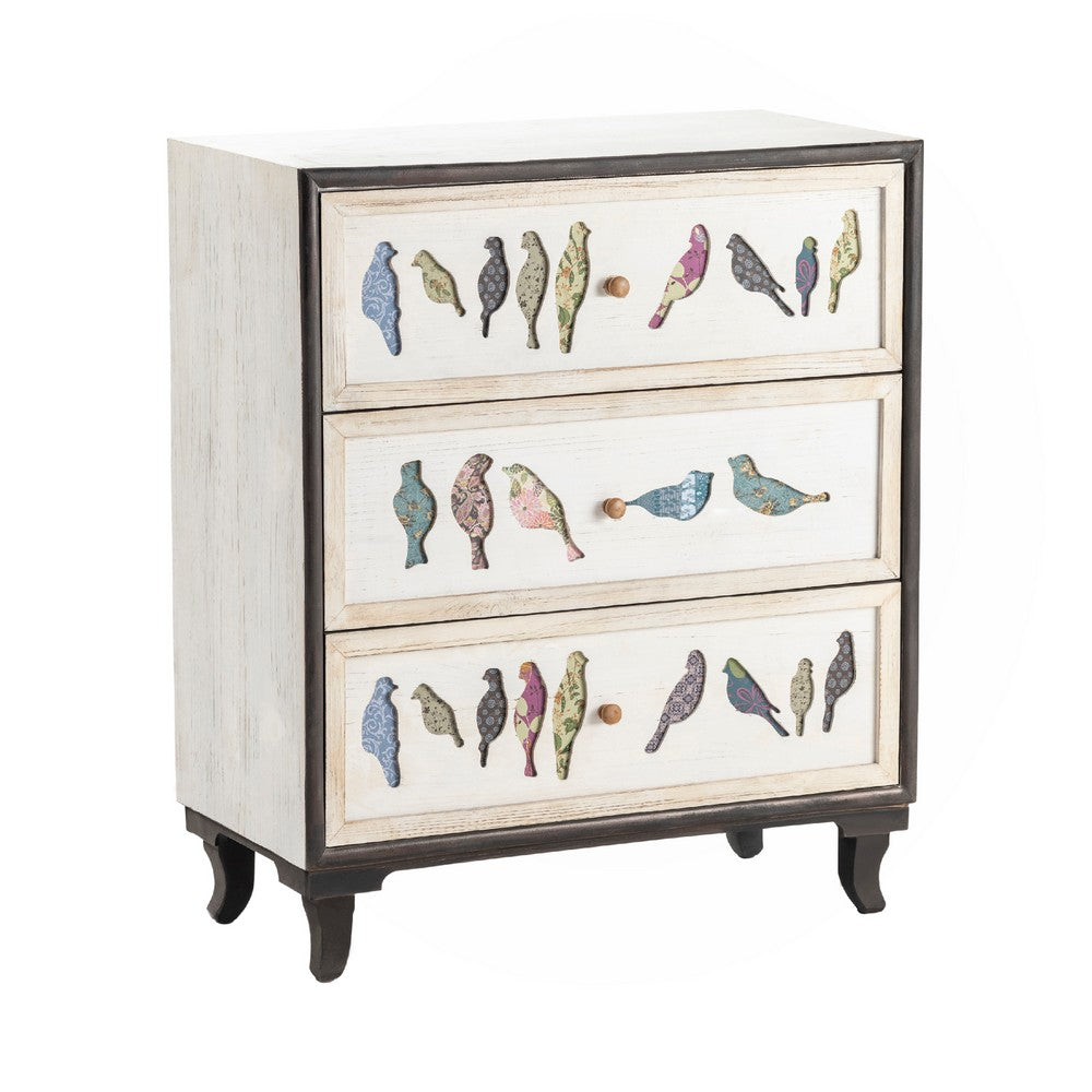 Crestview Bery Nightstand 3 Drawer Chest w Painted Birds | White, Brown