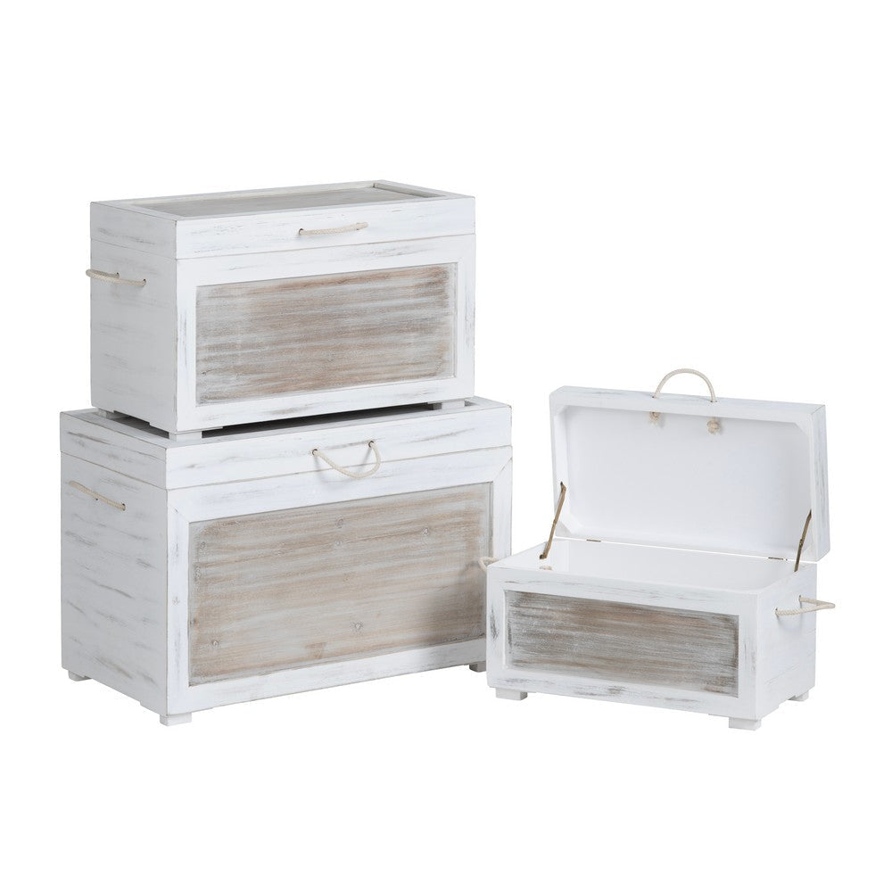Crestview Kex 3pc Storage Trunk Set | Rope Handles | White Solid Wood CCL-CVFZR6202