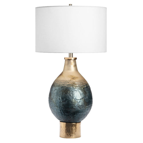Table Lamp with Gold and Blue Accent Glass Base | White Shade 32"