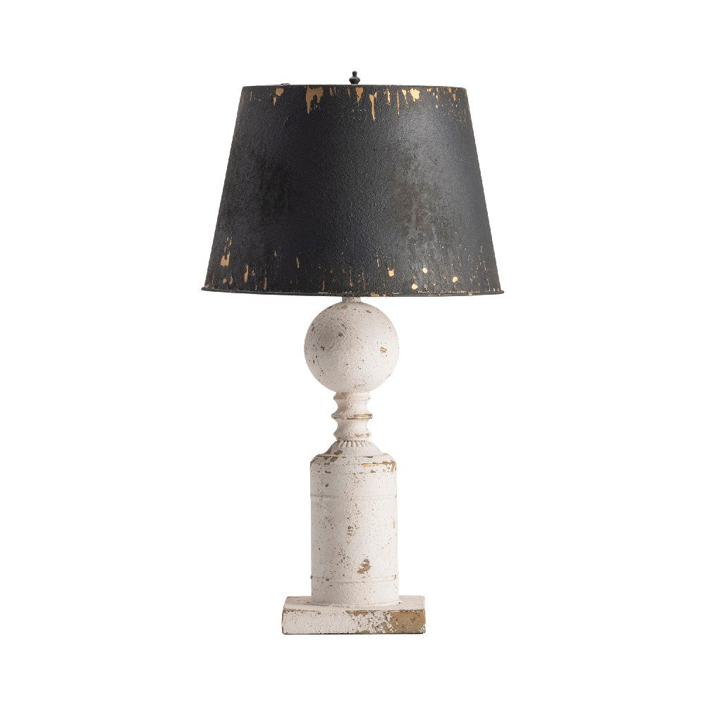 Table Lamp with Black Metal Shade | Distressed Cream Turned Resin Body