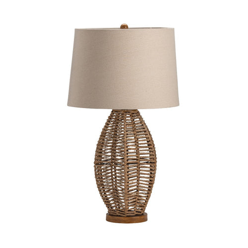 Pax Table Lamp | Rattan Woven Body | Linen Shade | Brown Wood Base