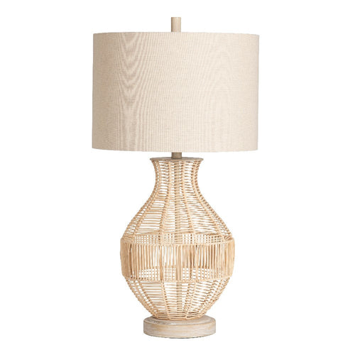 Jay Table Lamp | Rattan Woven Vase | Oatmeal Brown Drum Linen Shade
