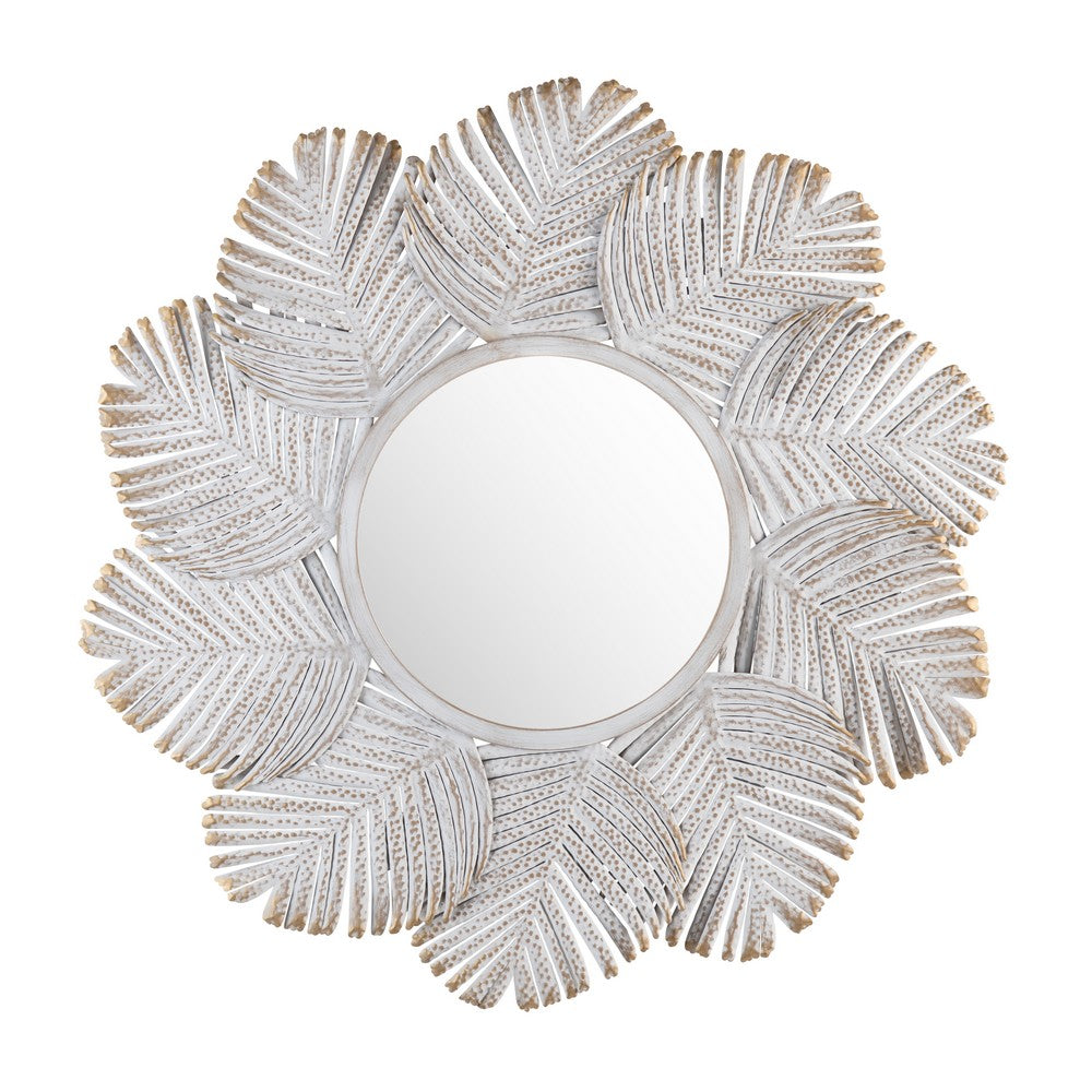 Wall Mirror | Textured Palm Leaves on Frame | Whitewash Metal 36x36 Round