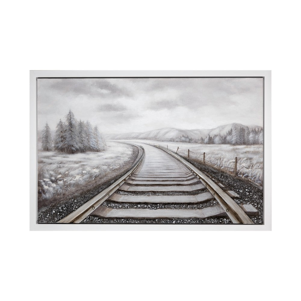 Crestview Framed Canvas Train Tracks Painting | 40x59 Black & Silver