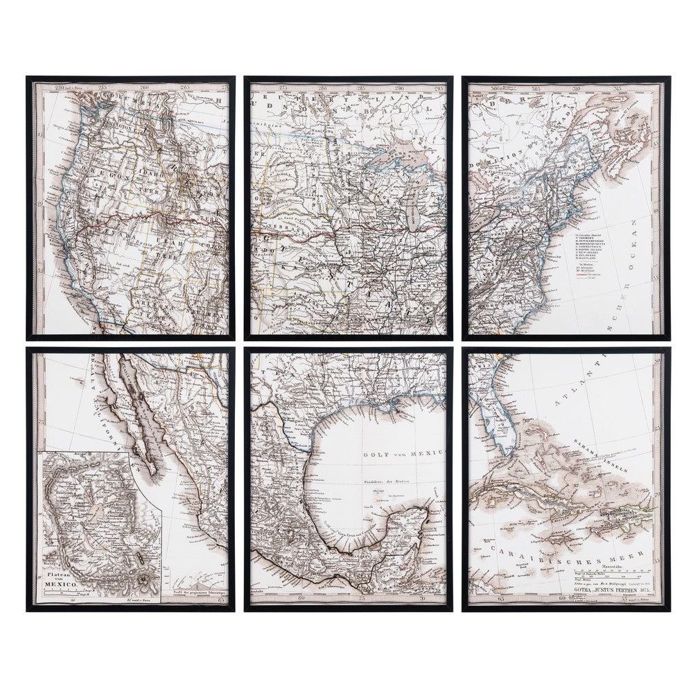 Crestview 6pc North America Atlas Canvas Wall Art Set | Brown Black