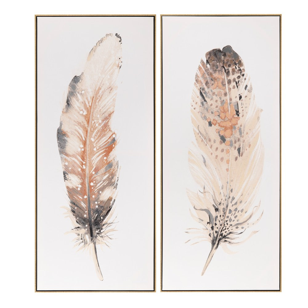Crestview 2pc Bird Feather Pattern Watercolor Framed Wall Art | Brown White