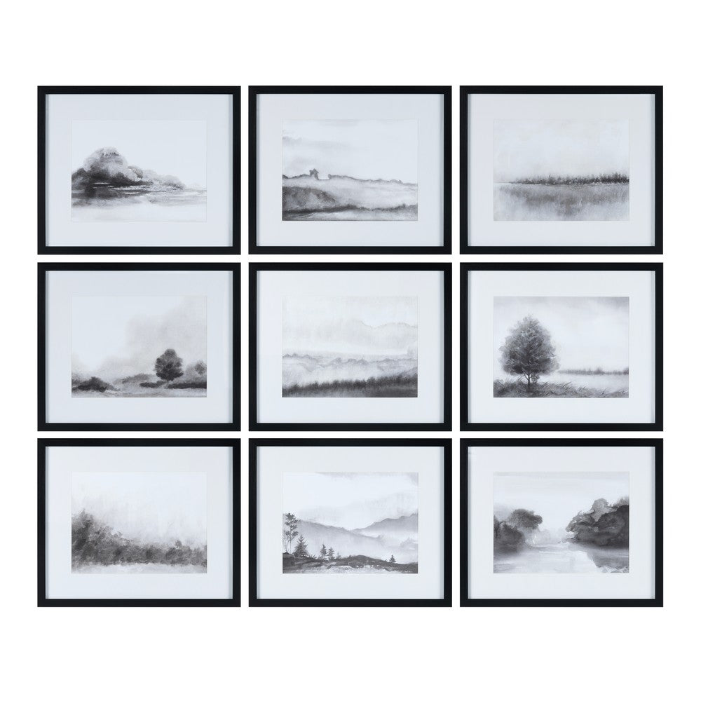 Crestview 9pc Framed Landscape Wall Art Set | Charcoal Black & White 20x24
