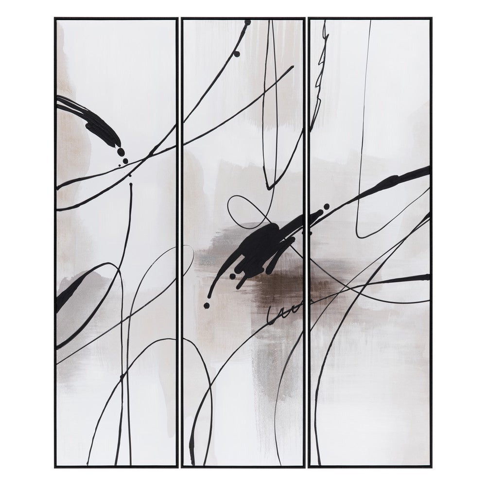 Framed Wall Art Painting Set of 3 | Abstract Linework | Black White 20x70