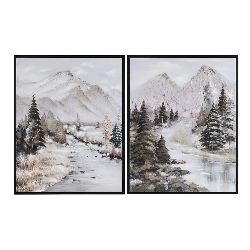 Framed Wall Art Set of 2 | Winter Mountain Landscape | Black | White 39x49