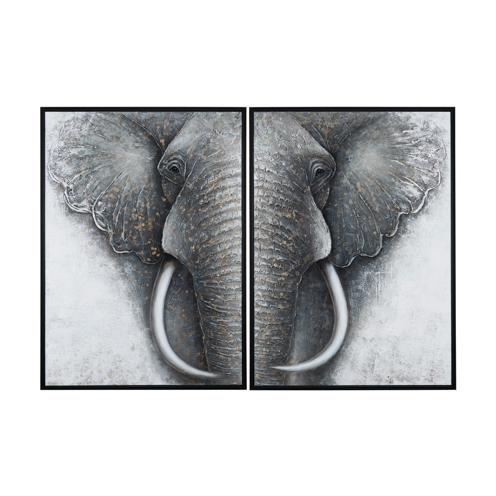 2pc Framed Wall Art | Split Close-Up Elephant Face Trunk | Gray Black 38x52