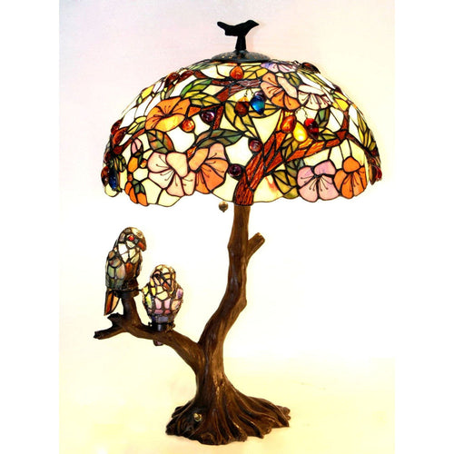 4 Light Tiffany-style featuring Flowers & Birds Double Lit Table Lamp Oval Shape
