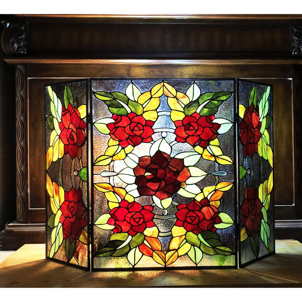 Chloe Lighting Canna Tiffany-Style 3Pcs Folding Floral Stained Glass Fireplace Screen 40’’ Width CHL-CH1F033RF40-GFS