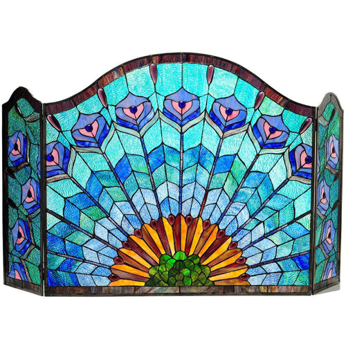REGAL EUDORA Tiffany-glass 3pcs Folding Peacock Fireplace Screen 48" Wide