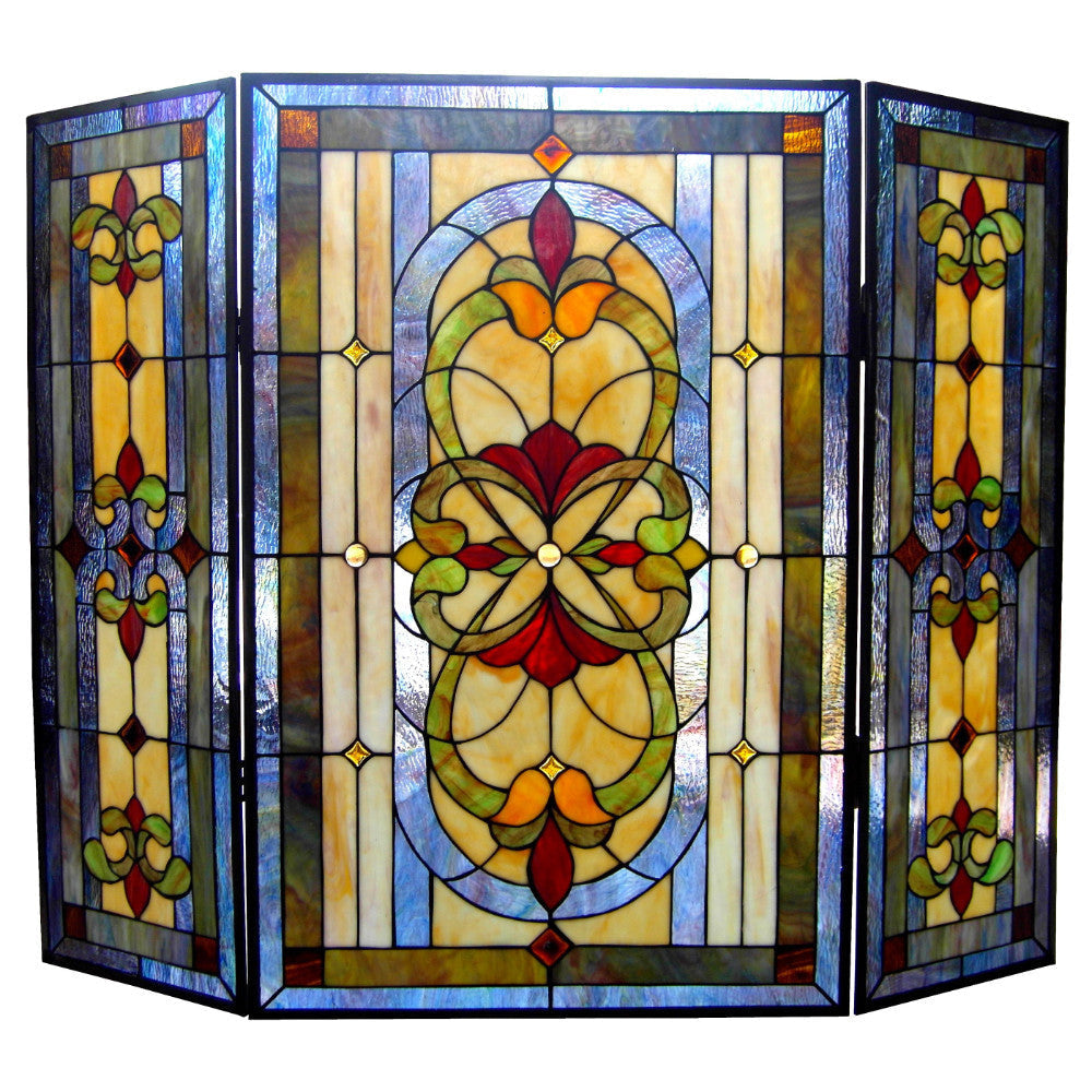 3 Panel Victorian Design Folding Fireplace Screen, Multicolor