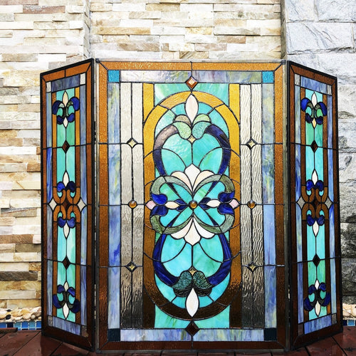 Chloe Lighting Palace Tiffany-Style 3Pcs Folding Victorian Stained Glass Fireplace Screen 40" Width