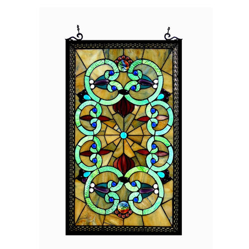 28 Inches Rectangular Scrolled Tiffany Glass Window Panel, Multicolor