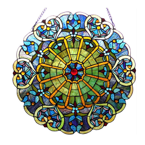 23 Inch Tiffany Style Round Glass Window Screen, Multicolor
