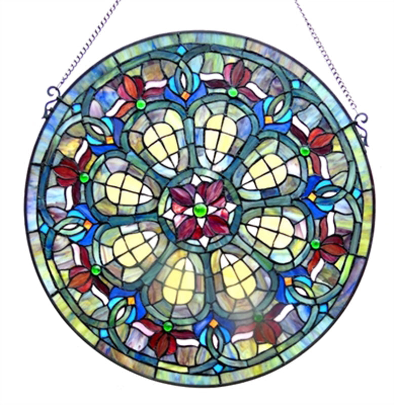 Metal Window Glass Panel with Hanging Chain and Round Shape, Multicolor