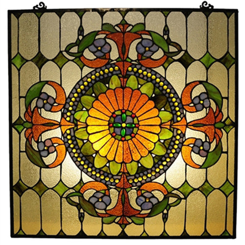 Victorian Style Glass Window Panel with Hanging Chain, Multicolor