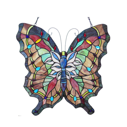22 Inches Butterfly Tiffany Glass Window Panel, Multicolor