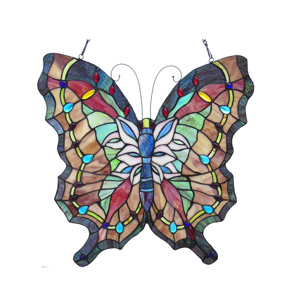 22 Inches Butterfly Tiffany Glass Window Panel, Multicolor