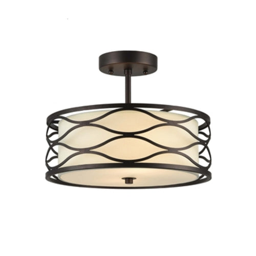 13 Inches Fabric Wrapped Ceiling Fixture with Scrolled Metal Frame, Bronze