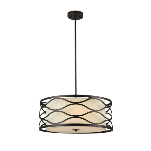 20 Inches Fabric Wrapped Ceiling Pendant with Scrolled Metal Frame, Bronze