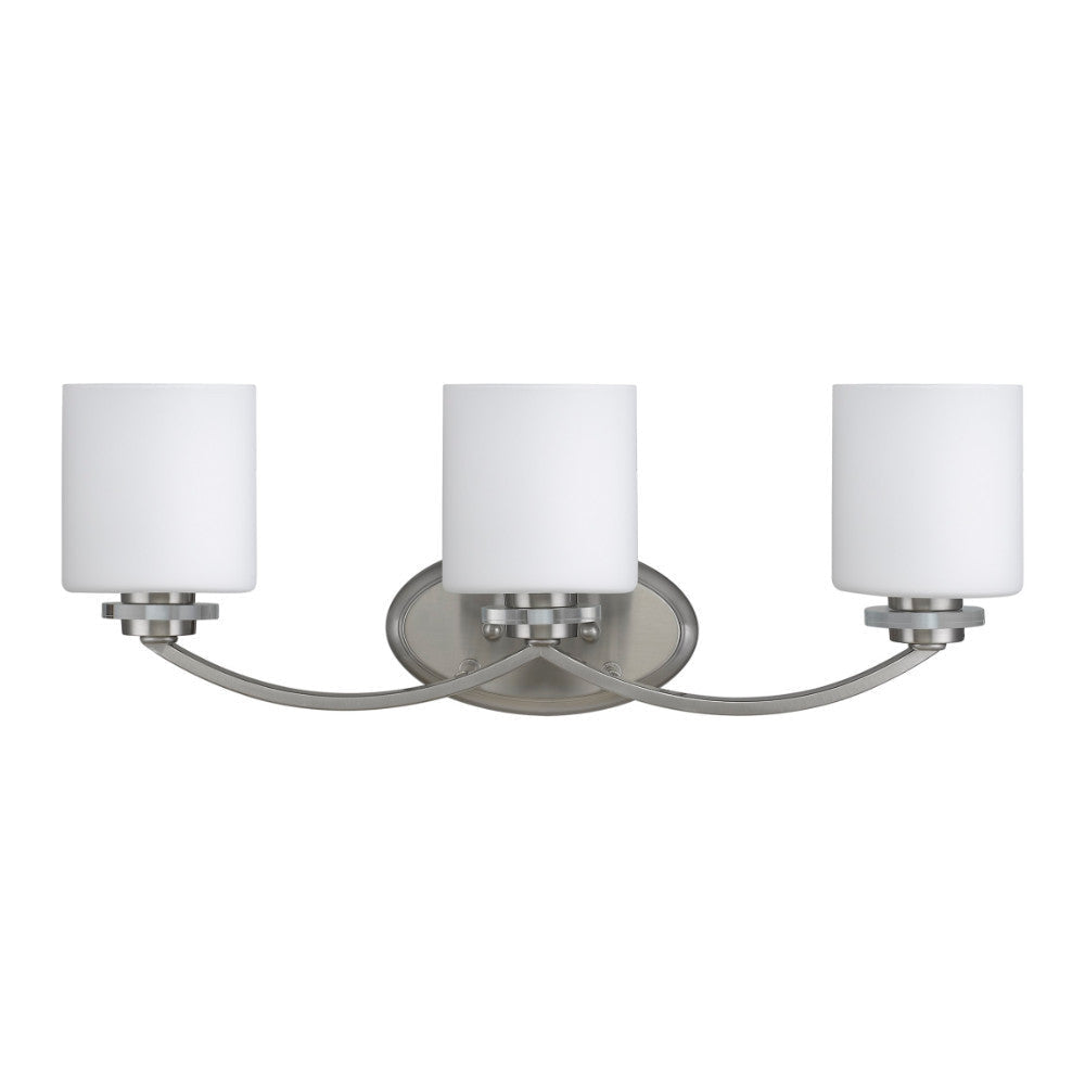 3 Glass Cylindrical Vanity Wall Fixture with Metal Support,White and Silver
