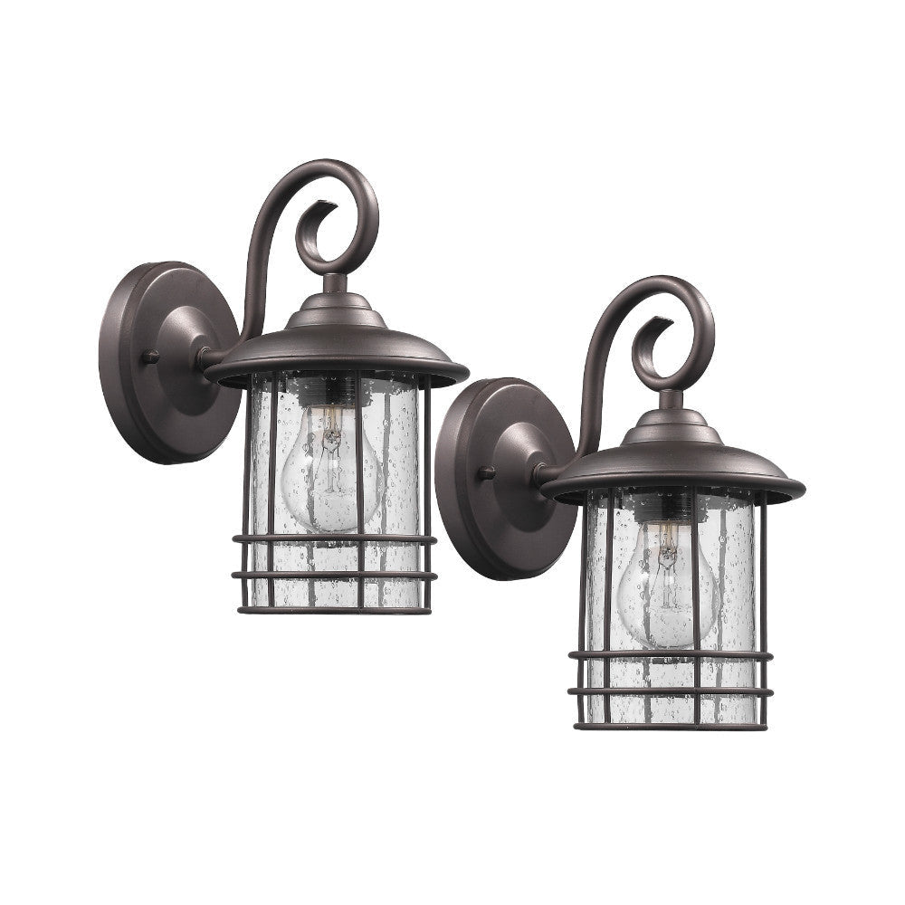 Metal Frame Wall Sconce with Seeded Glass Shade, Set of 2, Bronze and Clear
