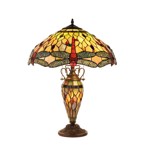 ANISOPTERA PURITY Tiffany-style Dragonfly 3 Light Double Lit Table Lamp 19"Shade