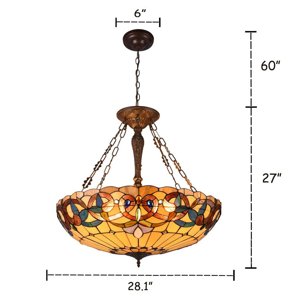 Metal 4 Light Inverted Ceiling Pendant with Tiffany Glass Shade Multicolor CHL-CH33353VR28-UP4