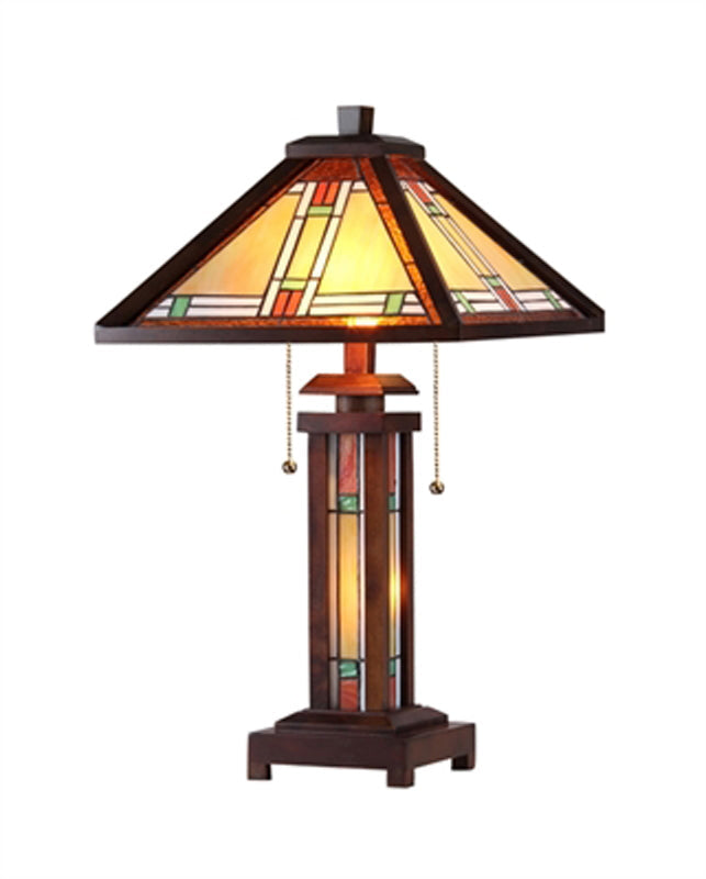 AARON Tiffany-style 3 Light Mission Double Lit Wooden Table Lamp 15" Shade
