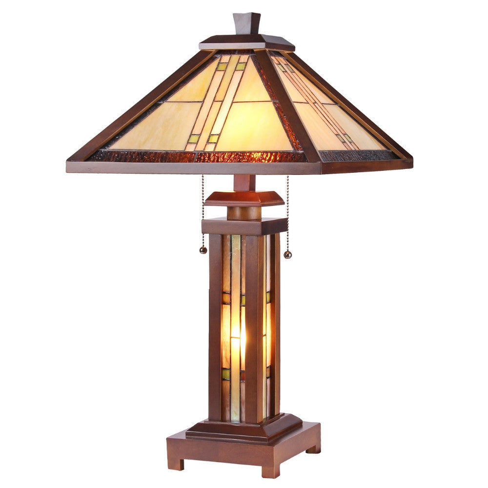 ZELLA Tiffany-style Mission 3 Light Double Lit Wooden Table Lamp 15" Shade