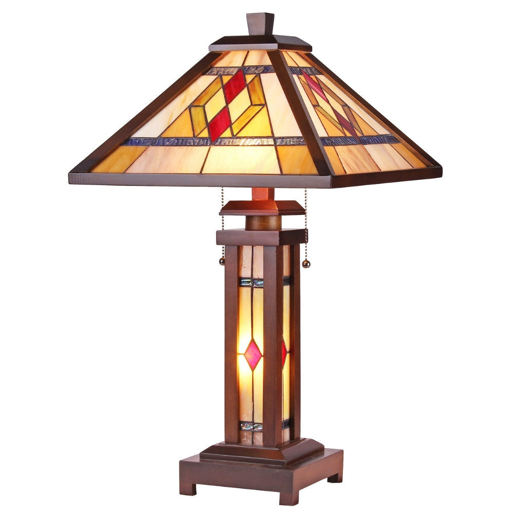 GARETH Tiffany-style Mission 3 Light Double Lit Wooden Table Lamp 15" Shade
