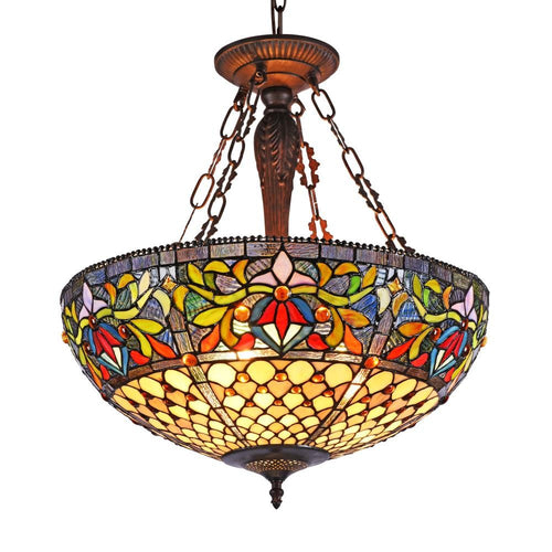 Metal Inverted Ceiling Pendant with Tiffany Style Glass Shade, Multicolor