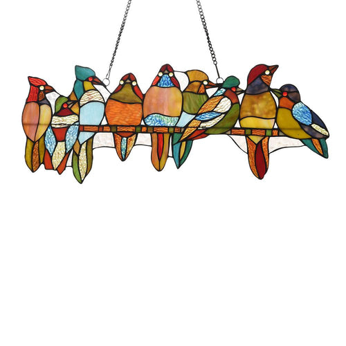 Lighting BIRDS ON A VINE Tiffany-style Animal Design Window Panel 25" x 10"