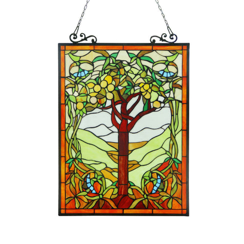 25 Inch Tree Design Tiffany Style Glass Window Panel, Multicolor