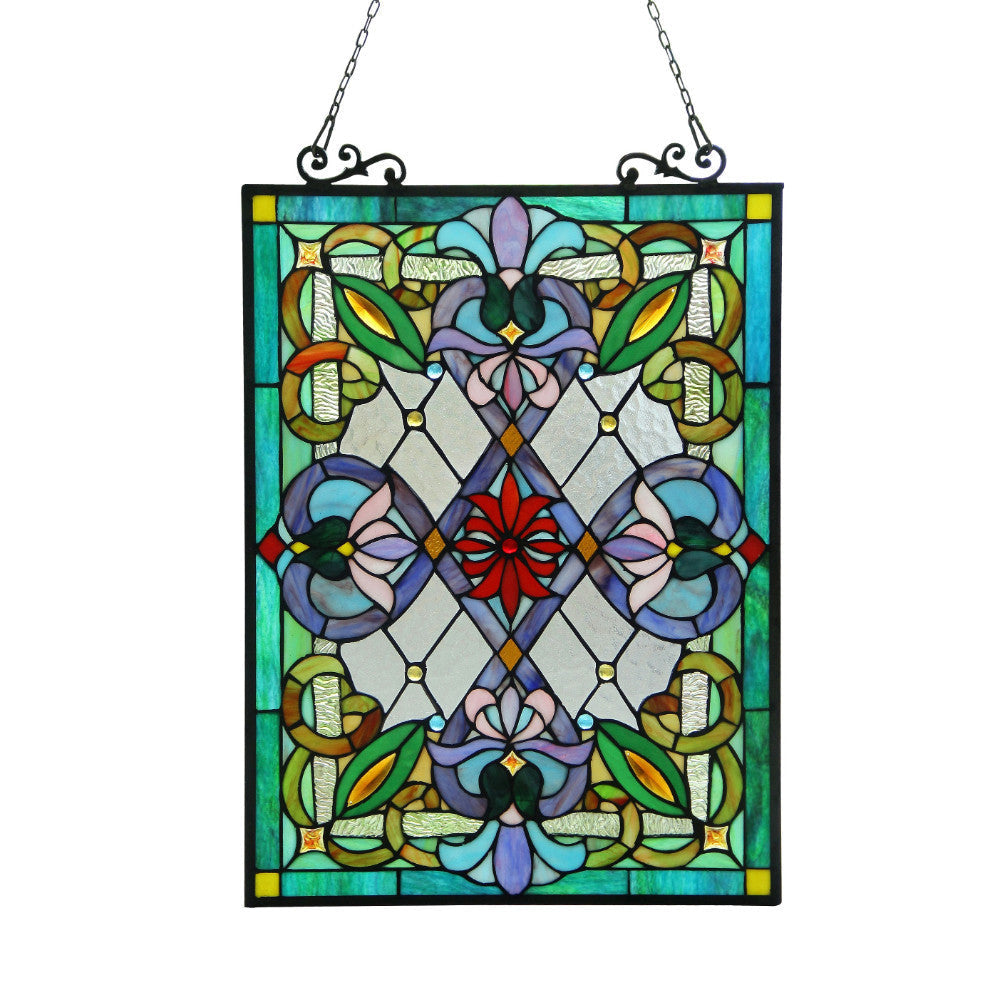 25 Inch Damask Tiffany Style Glass Window Panel, Multicolor