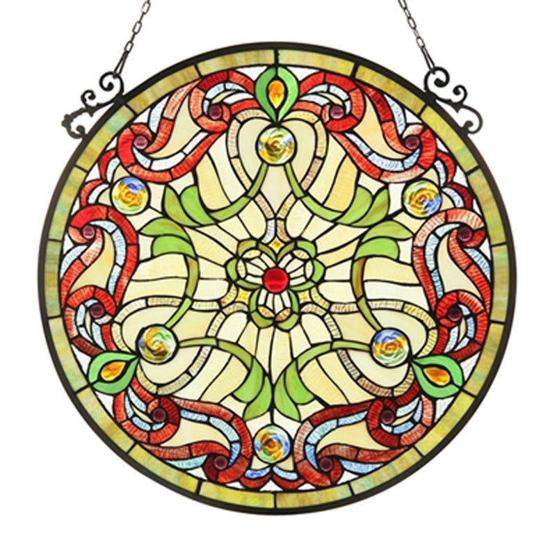 23.5 Inch Round Damask Tiffany Glass Window Panel, Multicolor