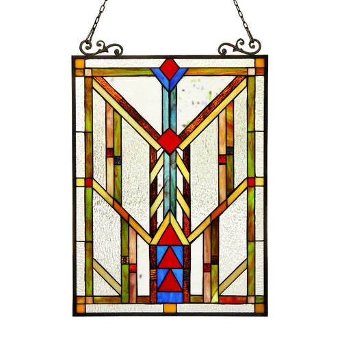 25 Inch Glass Window Panel with Tiffany Geometric Pattern, Multicolor