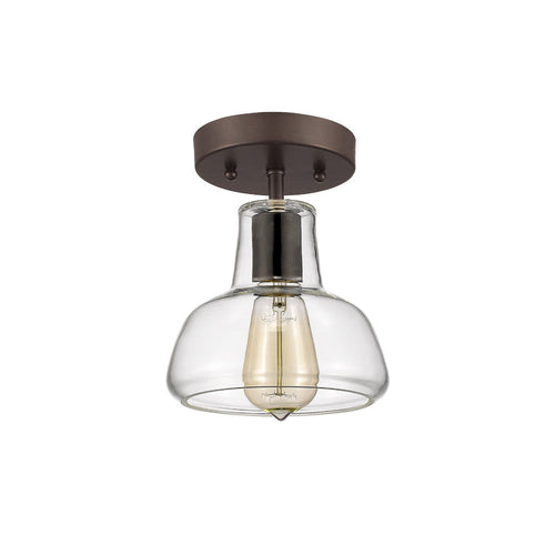 7 Inch Metal Ceiling Fixture with Bell Shape Glass Shade, Bronze and Clear