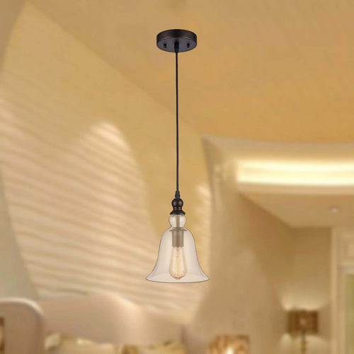 60 Watt Pendant Light with Metal Body and Glass Shade, Bronze and Clear