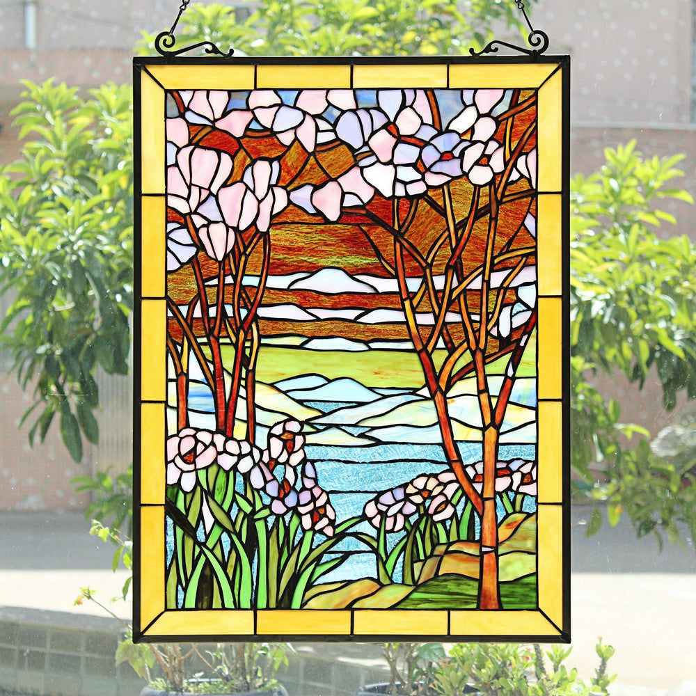Chloe Lighting Spring Valley Tiffany-Style Landscape Stained Glass Window Panel 25’’ Height CHL-CH8P013PF25-VRT